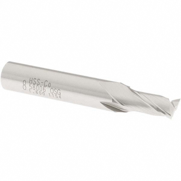 Square End Mill: 0.315'' Dia, 9/16'' LOC, 3/8'' Shank Dia, 2-5/16'' OAL, 2 Flutes, Cobalt