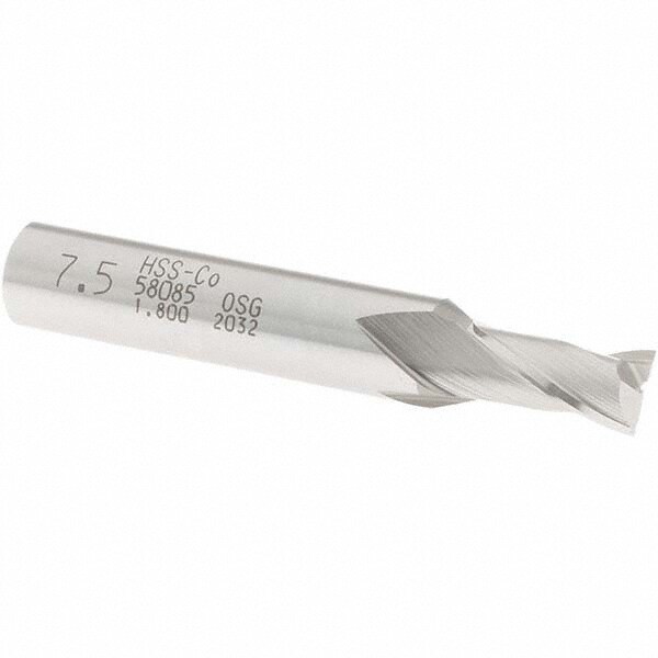Square End Mill: 0.2953'' Dia, 9/16'' LOC, 3/8'' Shank Dia, 2-5/16'' OAL, 2 Flutes, Cobalt