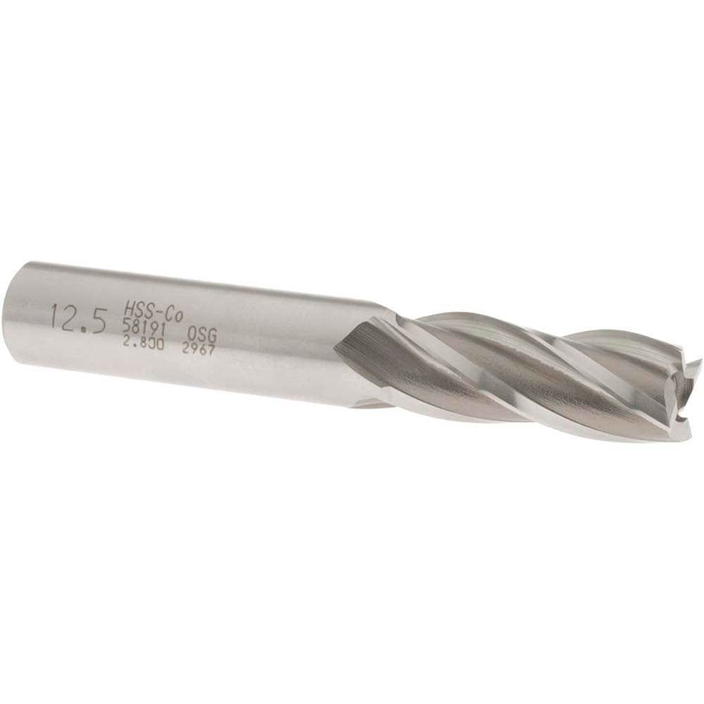 Square End Mill: 0.4921'' Dia, 1-1/4'' LOC, 1/2'' Shank Dia, 3-1/4'' OAL, 4 Flutes, Cobalt