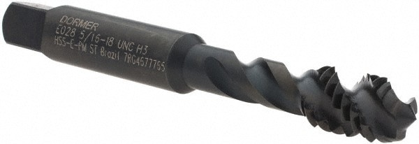 Spiral Flute Tap: 5/16-18 UNC, 3 Flutes, Modified Bottoming, 3B Class of Fit, Powdered Metal, Oxide Coated