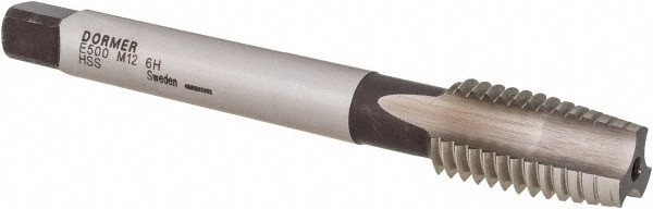 Straight Flute Tap: M12x1.75 Metric Coarse, 3 Flute, Taper Chamfer, 6H Class of Fit, HSS, Bright/Uncoated Finish