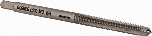Straight Flute Tap: M3x0.5 Metric Coarse, 3 Flute, Plug Chamfer, 6H Class of Fit, HSS, Bright/Uncoated Finish