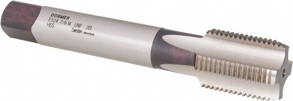 Straight Flute Tap: 7/8-14 UNF, 4 Flute, Bottoming Chamfer, 2B Class of Fit, HSS, Bright/Uncoated Finish