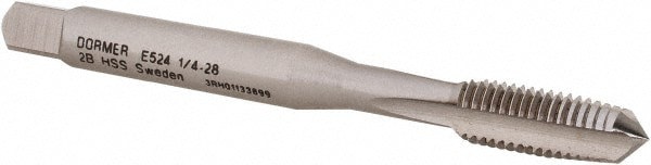 Straight Flute Tap: 1/4-28 UNF, 3 Flute, Taper Chamfer, 2B Class of Fit, HSS, Bright/Uncoated Finish