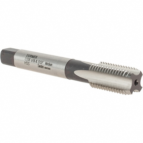 Straight Flute Tap: 9/16-16 BSF, 4 Flute, Bottoming Chamfer, HSS, Bright/Uncoated Finish