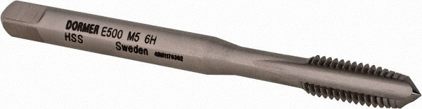 Straight Flute Tap: M5x0.8 Metric Coarse, 3 Flute, Plug Chamfer, 6H Class of Fit, HSS, Bright/Uncoated Finish