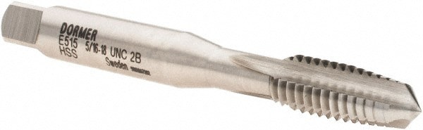 Straight Flute Tap: 5/16-18 UNC, 3 Flute, Taper Chamfer, 2B Class of Fit, HSS, Bright/Uncoated Finish