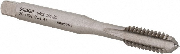 Straight Flute Tap: 1/4-20 UNC, 3 Flute, Bottoming Chamfer, 2B Class of Fit, HSS, Bright/Uncoated Finish
