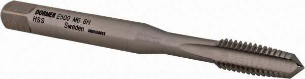 Straight Flute Tap: M6x1 Metric Coarse, 3 Flute, Taper Chamfer, 6H Class of Fit, HSS, Bright/Uncoated Finish
