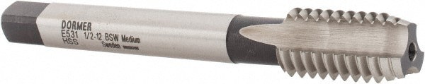 Straight Flute Tap: 1/2-12 BSW, 3 Flute, Bottoming Chamfer, High-Speed Steel, Bright/Uncoated Finish