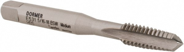 Straight Flute Tap: 5/16-18 BSW, 3 Flute, Taper Chamfer, HSS, Bright/Uncoated Finish