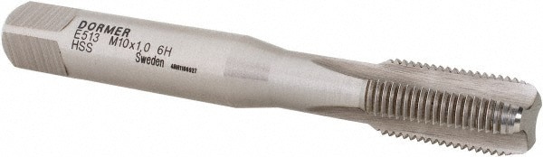 Straight Flute Tap: M10x1 Metric Fine, 3 Flute, Bottoming Chamfer, 6H Class of Fit, HSS, Bright/Uncoated Finish