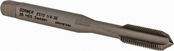 Straight Flute Tap: 1/4-36 UN, 3 Flute, Bottoming Chamfer, 2B Class of Fit, HSS, Bright/Uncoated Finish