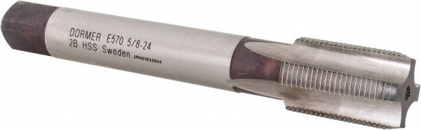 Straight Flute Tap: 5/8-24 UN, 4 Flute, Bottoming Chamfer, 2B Class of Fit, HSS, Bright/Uncoated Finish