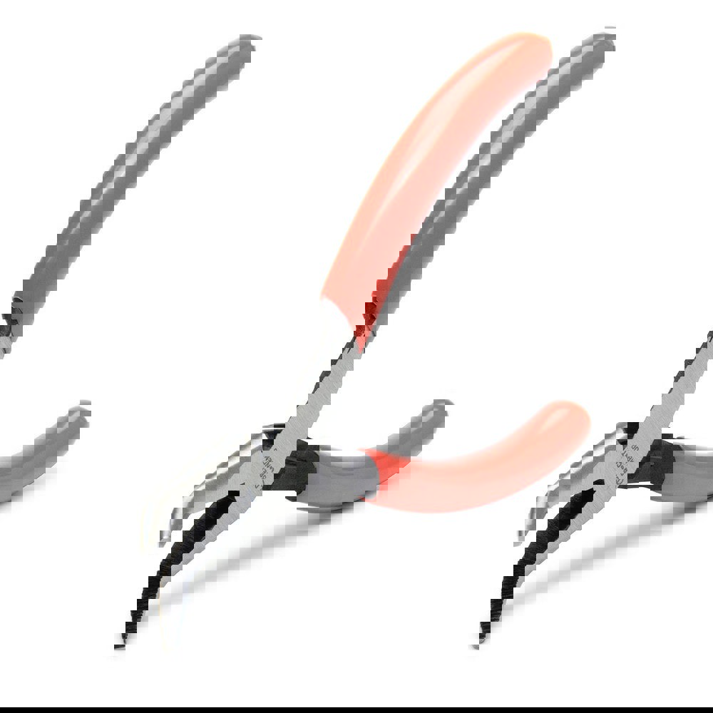 Bent Nose Pliers; Jaw Texture: Serrated ; Jaw Length: 1.22in ; Jaw Width: 0.09in ; Jaw Bend: 1 ; Handle Type: Dipped ; Side Cutter: No