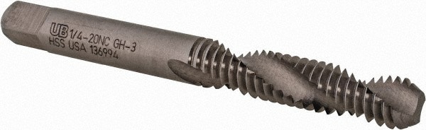 Spiral Flute Tap: 1/4-20, UNC, 2 Flute, Bottoming, 3B Class of Fit, High Speed Steel, Bright/Uncoated