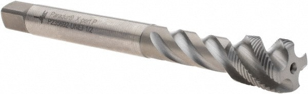 Spiral Flute Tap: 1/2-28 UNEF, 4 Flutes, Modified Bottoming, 2B Class of Fit, Cobalt, Bright/Uncoated