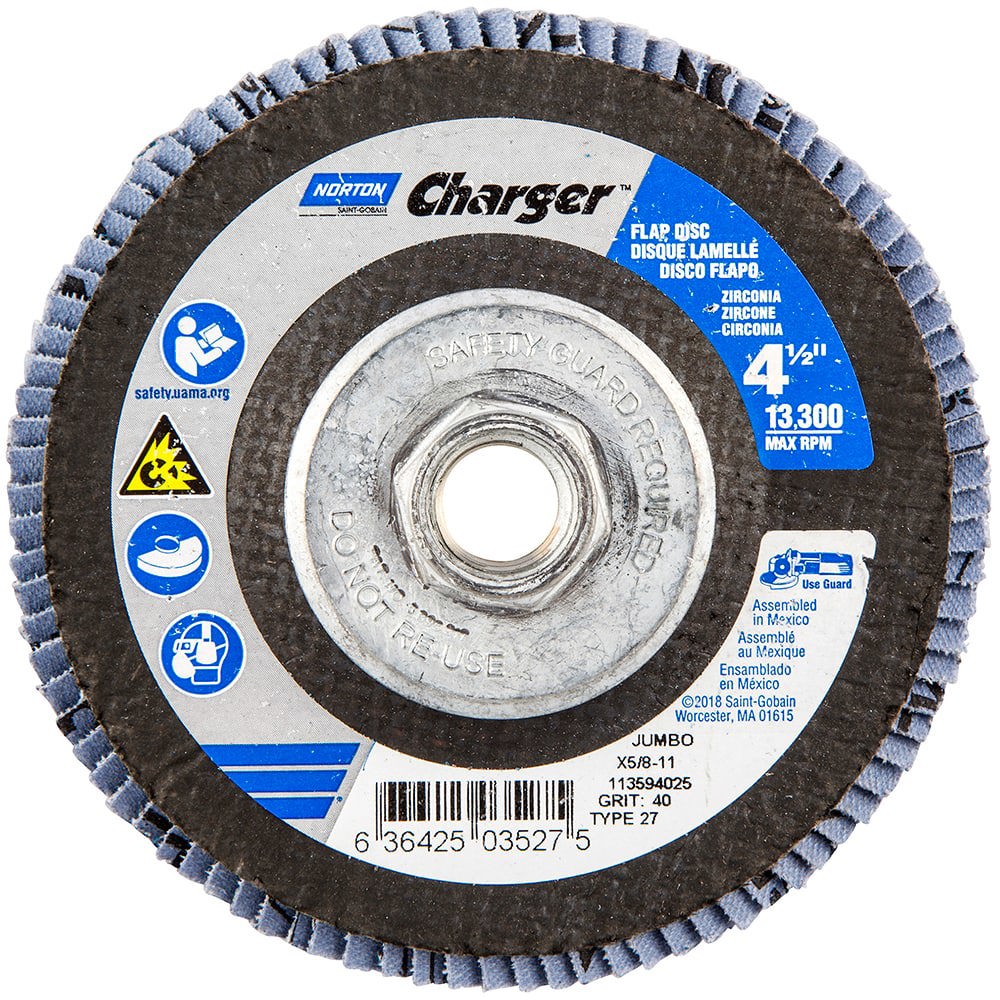 Flap Disc: 5/8-11 Hole, 40 Grit, Zirconia Alumina, Type 27
