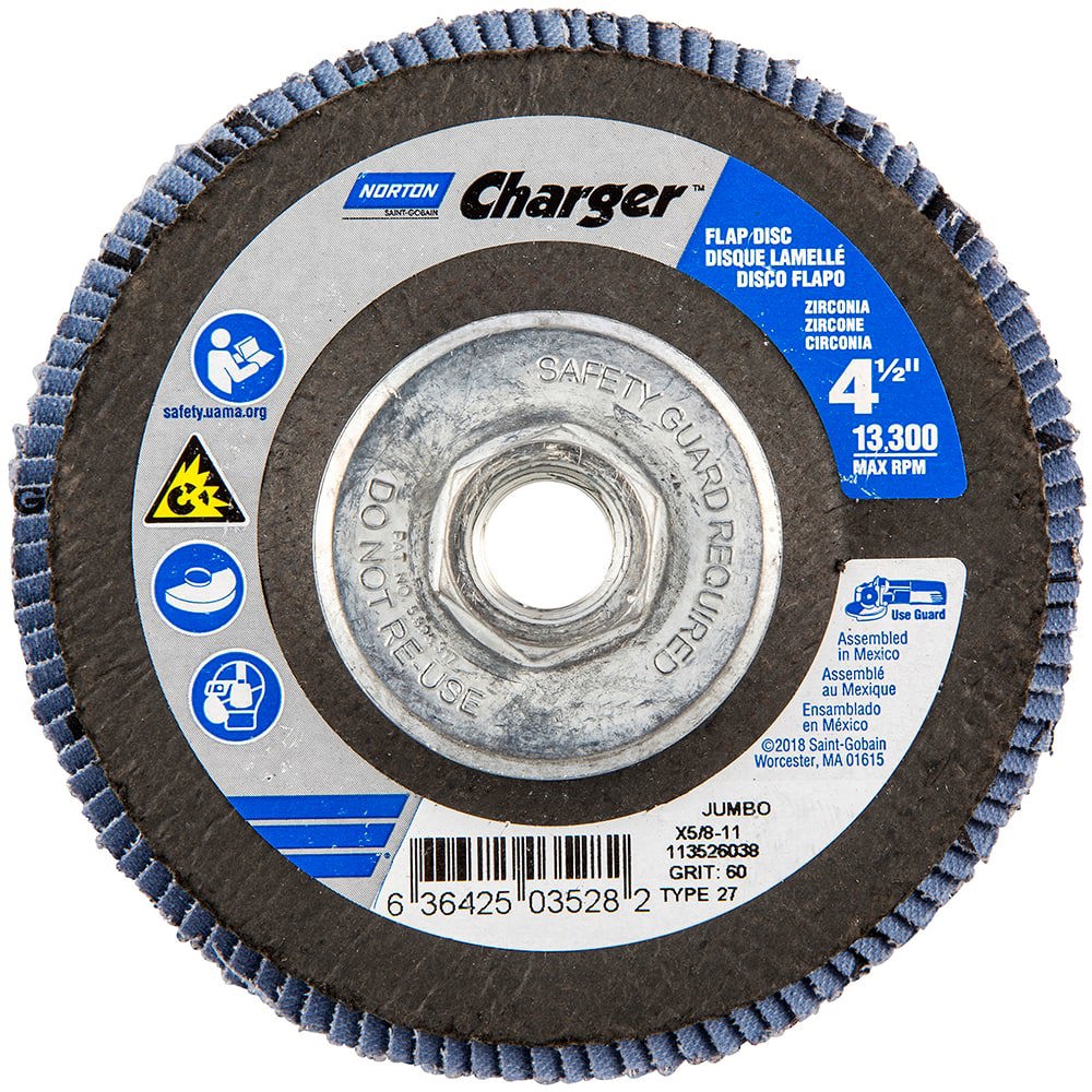 Flap Disc: 5/8-11 Hole, 60 Grit, Zirconia Alumina, Type 27