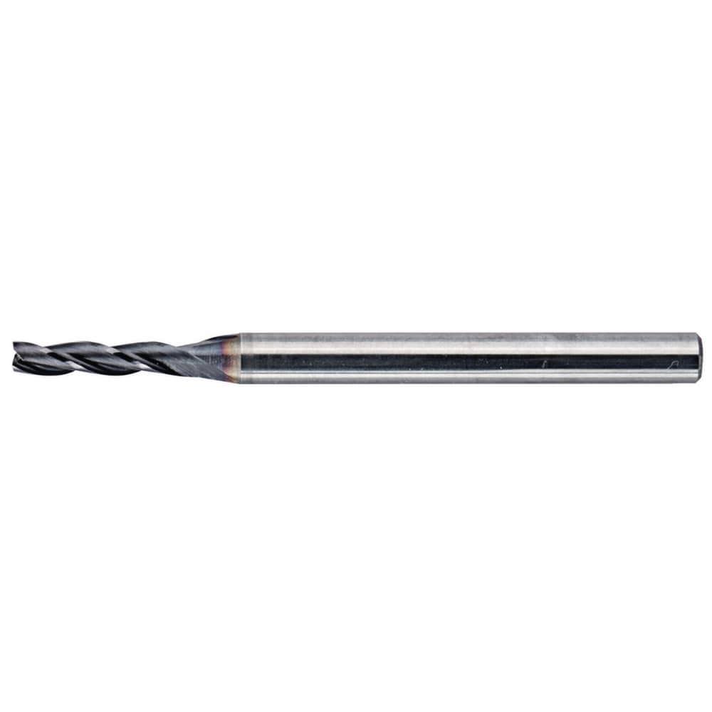 Square End Mill: 0.0315'' Dia, 0.0591'' LOC, 0.1181'' Shank Dia, 1.4961'' OAL, 3 Flutes, Solid Carbide