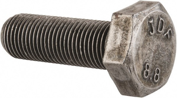 Hex Head Cap Screw: M10x1, 30.00 mm Length Under Head, Grade 8.8 Steel, Bright/Uncoated Finish