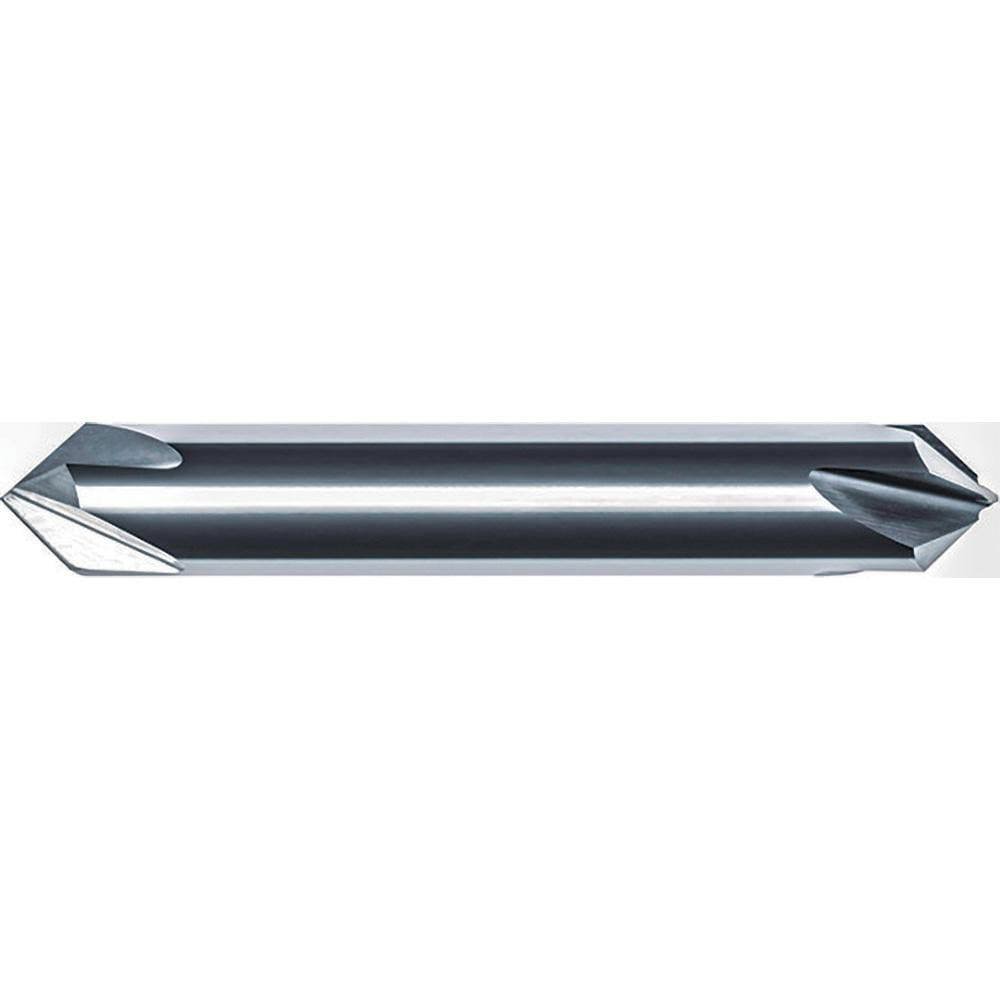 Chamfer Mills; Included Angle: 100.00 ; Chamfer Mill Material: Solid Carbide ; Cutter Head Diameter (Fractional Inch): 1/8 ; Cutter Head Diameter (Decimal Inch): 0.1250 ; End Type: Double ; Shank Diameter (Decimal Inch): 0.1250
