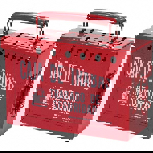 Group Lockout Boxes; Portable or Wall Mount: Portable; Maximum Number of Padlocks: 13; Legend: Caja De Trabas Trabado De Seguridad; Color: Red; Box Material: Steel; Label Language: Spanish; Overall Height (Inch): 6; 6 in; Overall Width (Inch): 9; Overall