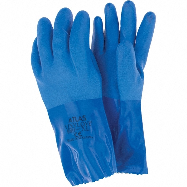 Chemical Resistant Gloves: X-Large, 16 mil Thick, Polyvinylchloride-Coated, Cotton
