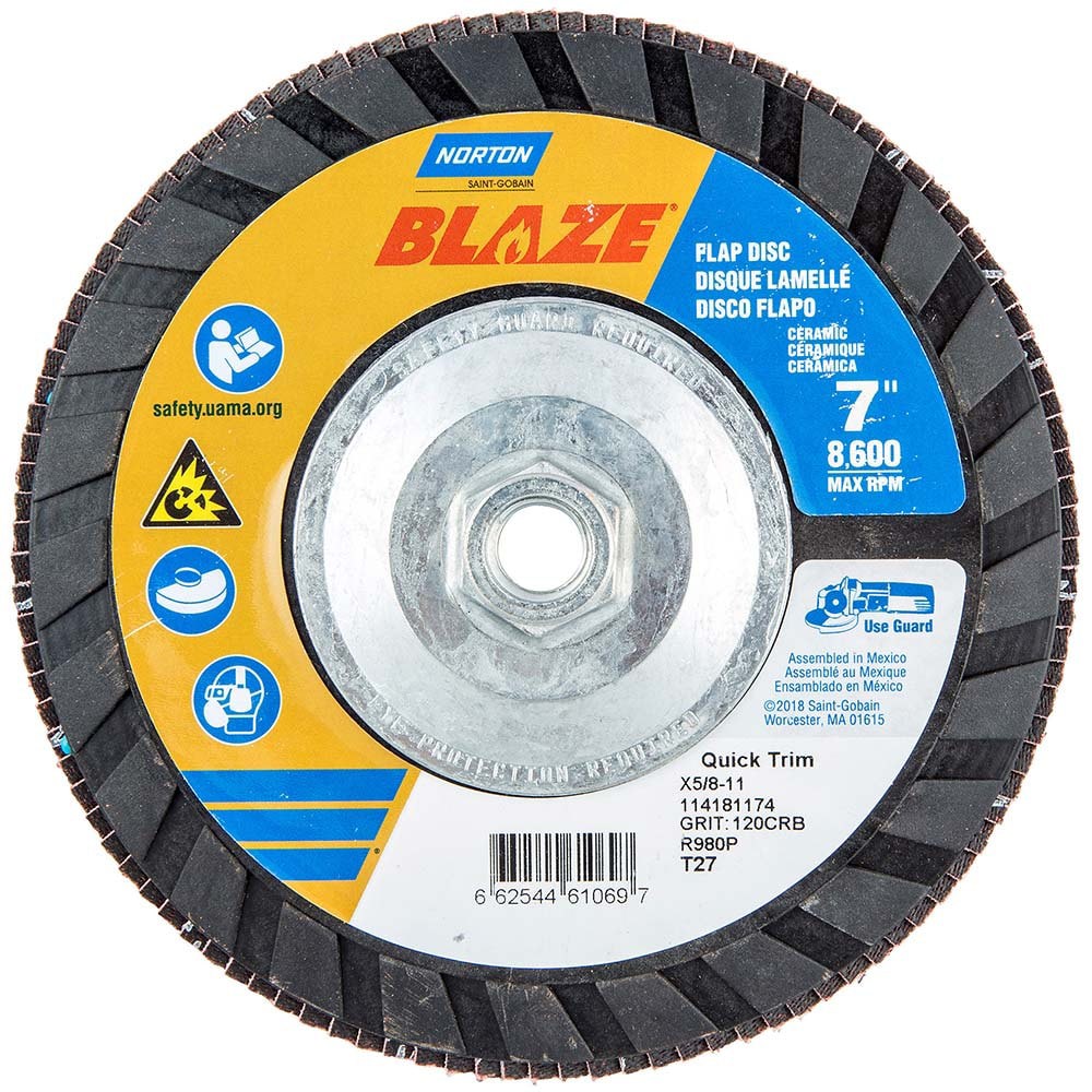 Flap Disc: 5/8-11 Hole, 120 Grit, Ceramic Alumina, Type 27