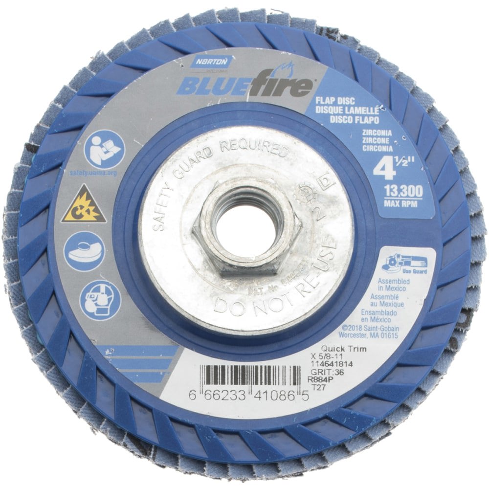 Flap Disc: 5/8-11 Hole, 36 Grit, Zirconia Alumina, Type 27