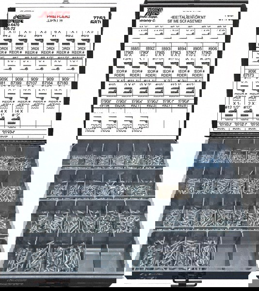 1,200 Piece, #4x1/2 to #10x2, Steel Sheet Metal Screw Assortment