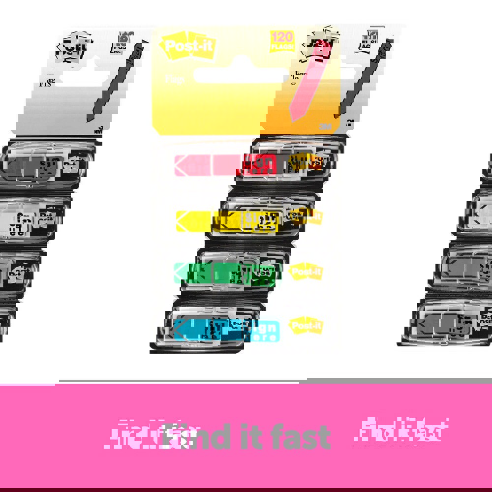 Self-Stick Page Flags; Style: Sign Here Flag ; Color: Red; Yellow; Bright Blue: Bright Green ; Size: 12 mm x 43 mm ; UNSPSC Code: 44120000