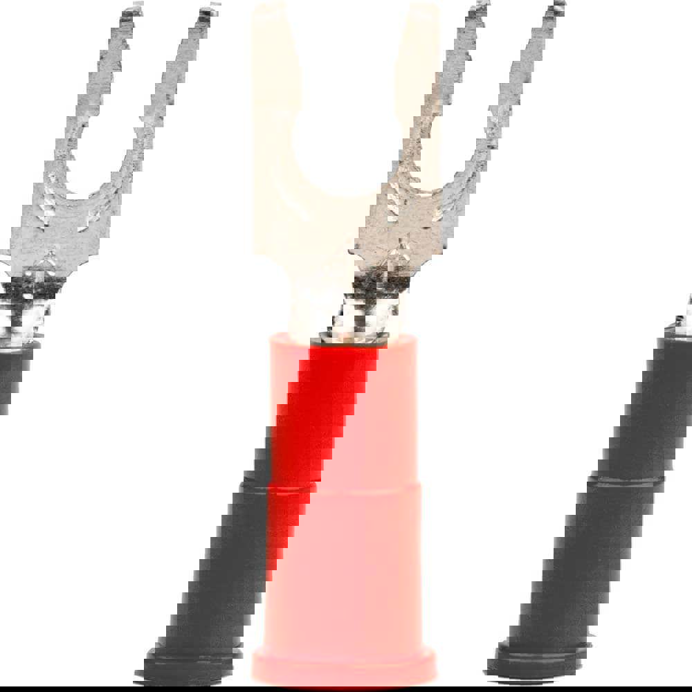 Locking Fork Terminal: Red, Vinyl, Partially Insulated, #6 Stud, Crimp