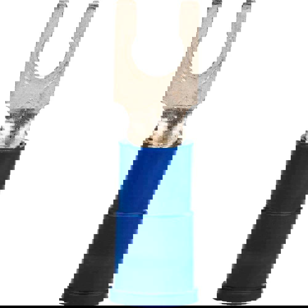 Locking Fork Terminal: Blue, Vinyl, Partially Insulated, #6 Stud, Crimp