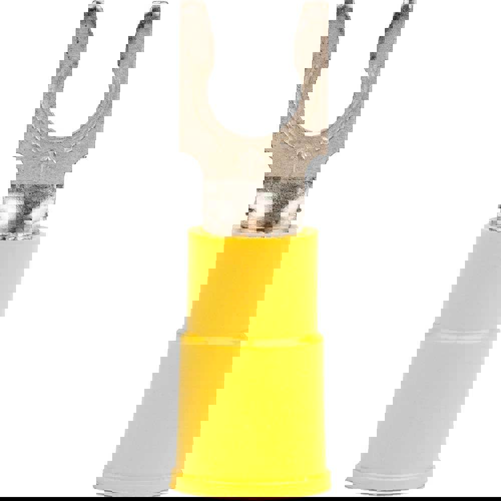 Locking Fork Terminal: Yellow, Vinyl, Partially Insulated, #10 Stud, Crimp