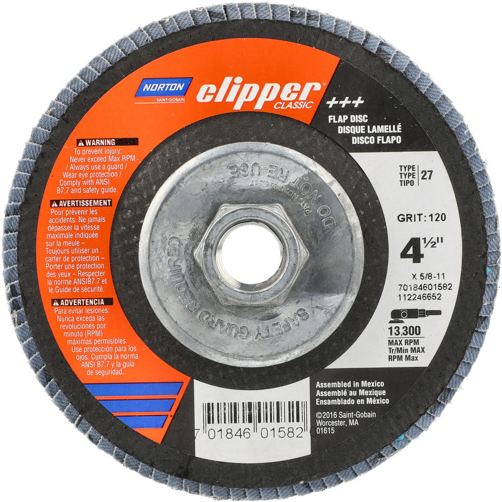Flap Discs; Disc Diameter: 4-1/2 ; Center Hole Thread Size: 5/8-11 ; Flap Disc Type: Type 27 ; Grit: 120 ; Abrasive Material: Zirconia Alumina ; Attachment Type: Threaded Arbor Hole