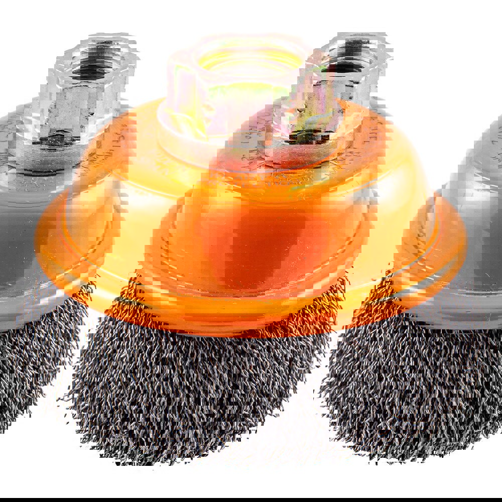 Cup Brushes; Brush Diameter (Decimal Inch): 3 ; Brush Type: Crimped ; Fill Material: Steel ; Arbor Type: Threaded Arbor ; Arbor Hole Thread Size: 5/8-11 ; Maximum Rpm: 15000