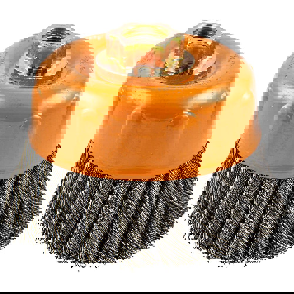 Cup Brushes; Brush Diameter (Decimal Inch): 4 ; Brush Type: Knotted ; Fill Material: Steel ; Arbor Type: Threaded Arbor ; Arbor Hole Thread Size: 5/8-11 ; Maximum Rpm: 9000