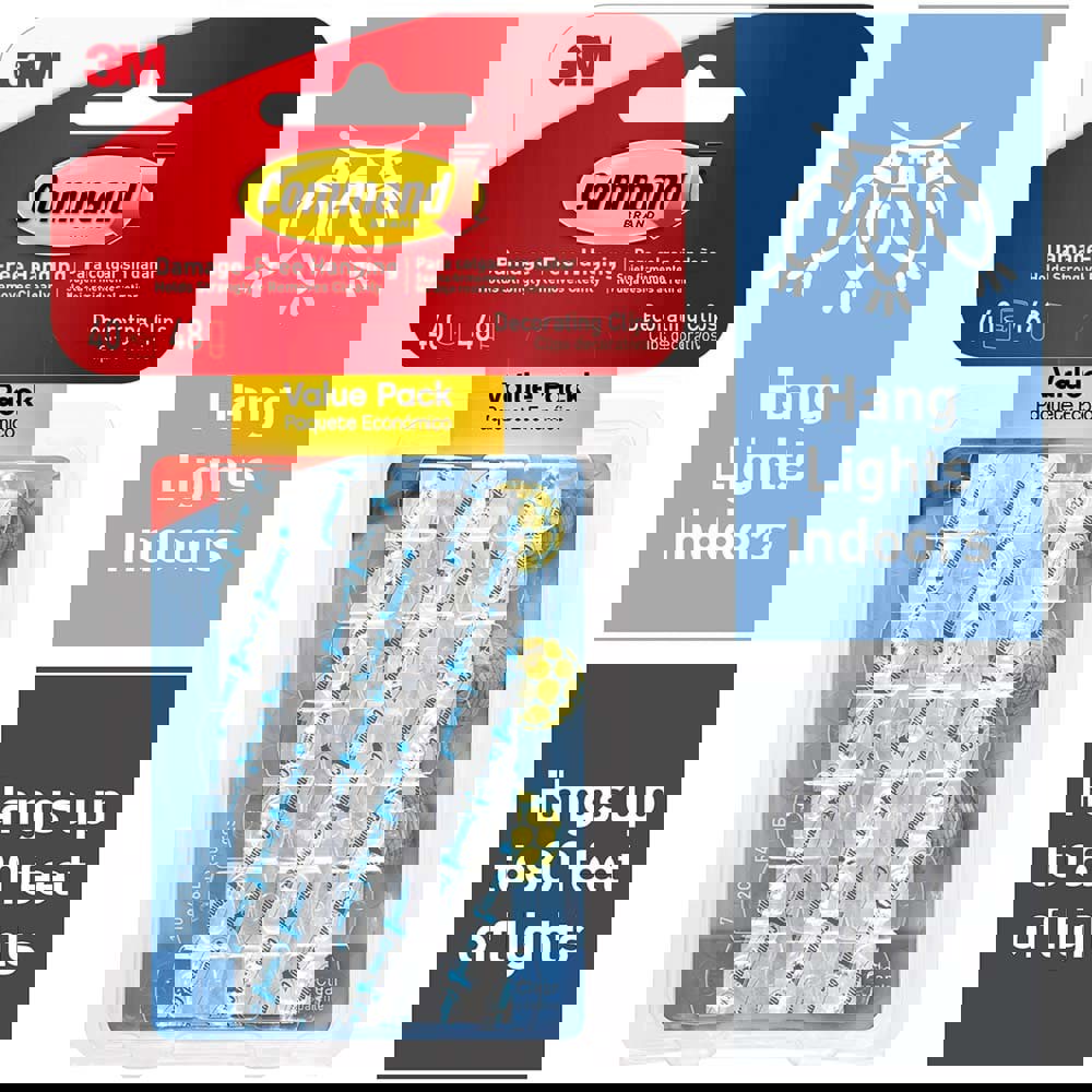 Clear Hooks and Strips, Decorating Clips, Plastic, 0.15 lb Capacity, 40 Clips and 48 Strips/Pack