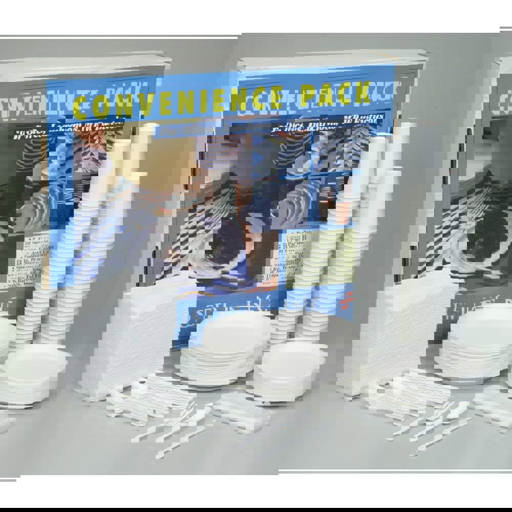 DINING PACK, DISPOSABLE, PLATES, CUPS, TRASH BAGS, CUTLERY, NAPKINS, SALT, PEPPER, SUGAR