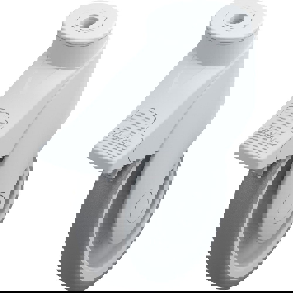 Standard Casters; Mount: Hollow Kingpin ; Caster Type: Swivel w/Brake ; Bearing Type: Precision Ball ; Style: Double Ball ; Wheel Diameter (Inch): 4 ; Wheel Width (Inch): 1-1/4