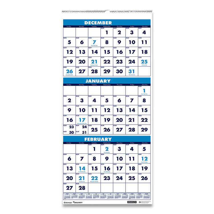 7510016828101, SKILCRAFT Wirebound 3-Month-View Vertical Wall Calendar, 12.25 x 26, White/Blue, 14-Month: Dec 2024 - Jan 2026