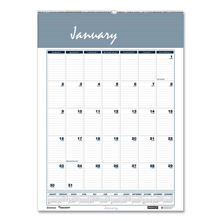 7510016935084, SKILCRAFT 12-Month Wall Calendar, 15.5 x 22, White/Blue/Gray Sheets, 12-Month (Jan to Dec): 2025