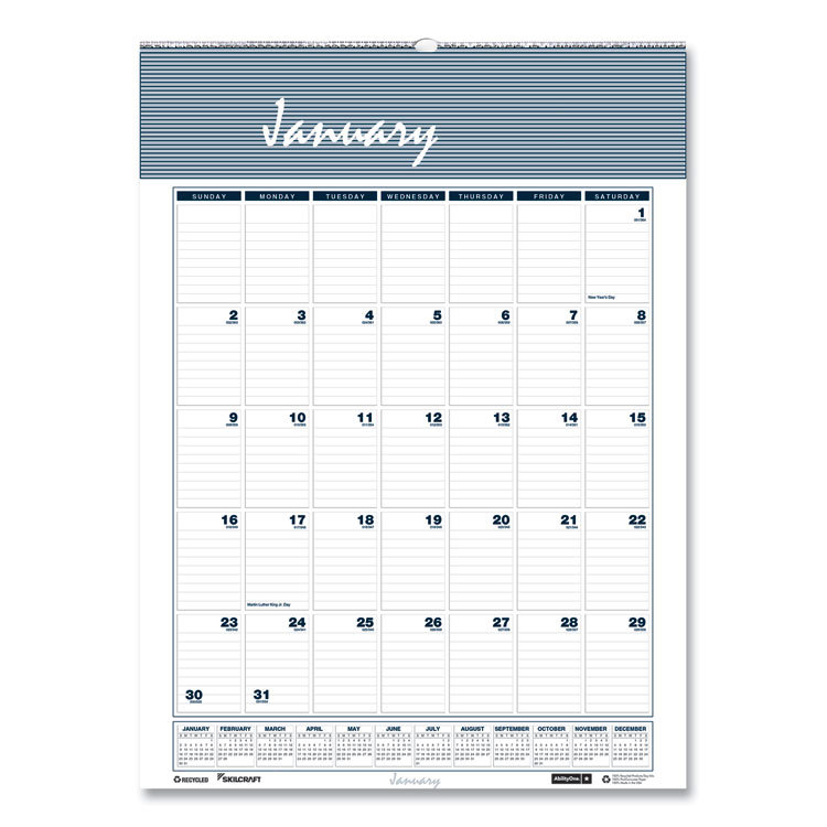 7510016935098, SKILCRAFT 12-Month Wall Calendar, 12 x 17, White/Blue/Gray Sheets, 12-Month (Jan to Dec): 2025