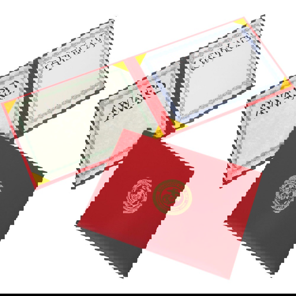 BINDER, PAPER, AWARDS CERTIFICATE, PADDED COVER, GOLD USMC SEAL, RED, 11.625