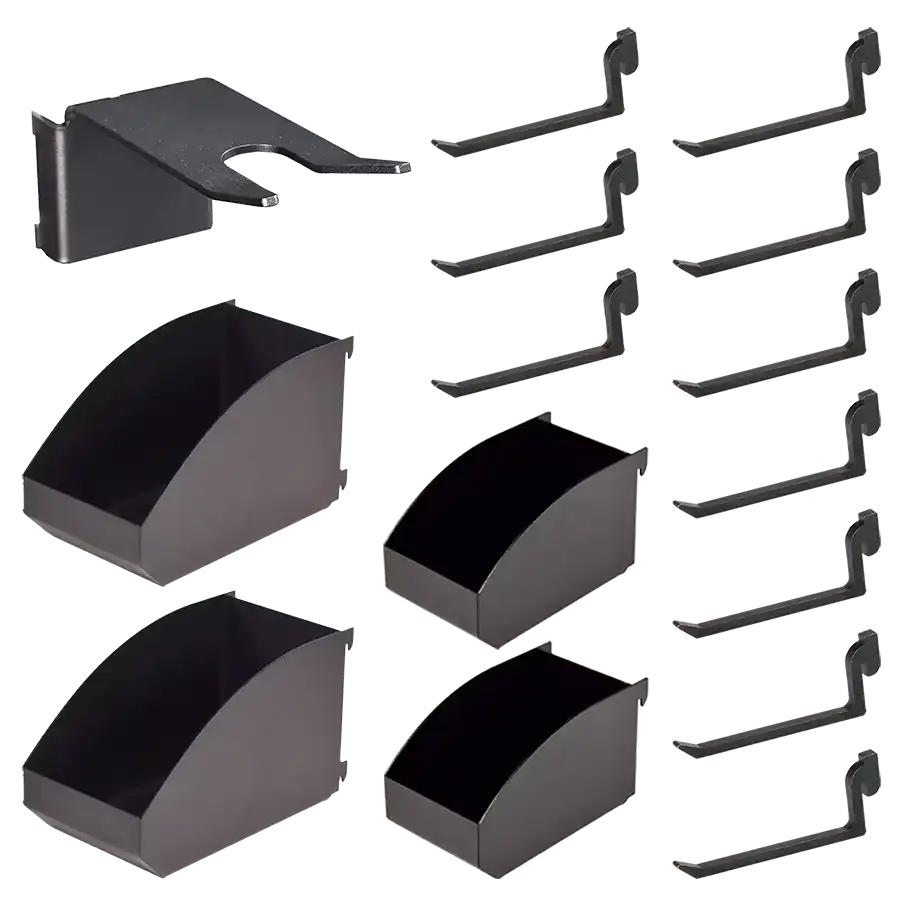 Peg Board Accessories; Type: Fifteen-Piece Packing Station Accessory Kit ; Material: Steel ; For Use With: Flextur Metal Packing Station ; Includes: (10) 3 in Standard Hook; (2) 4 x 8 in Bin; (2) 3 x 5 in Bin; 6 in Tool Holder ; UNSPSC Code: 24102100