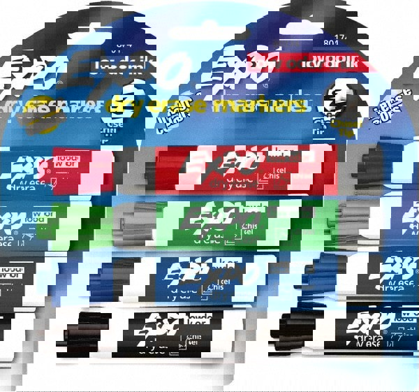 Pack of 4 Low Odor Chisel Tip Dry Erase Markers, Black, Blue, Green & Red