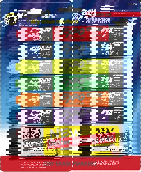 Pack of 8 Low Odor Chisel Tip Dry Erase Markers, Black, Blue, Brown, Green, Orange, Pink, Purple & Red