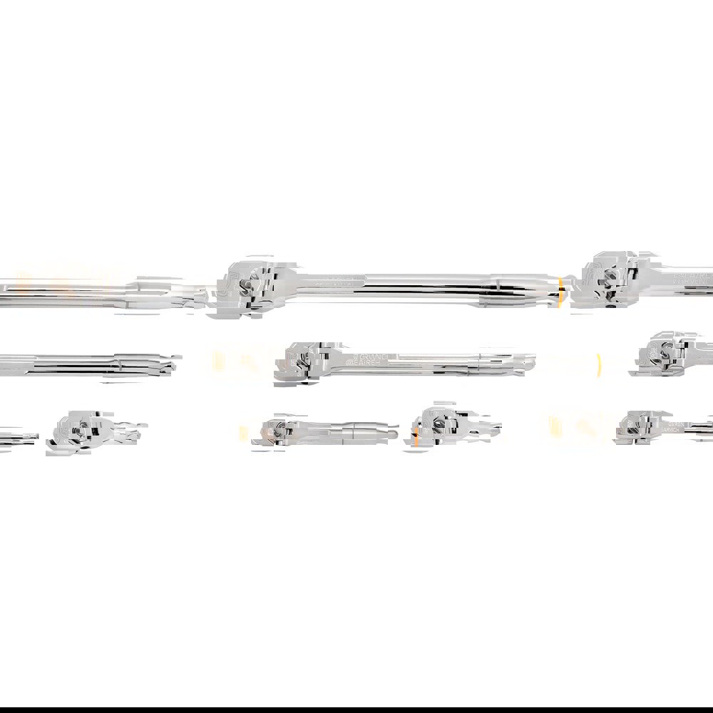 Ratchet Sets; Drive Size: 1/4, 3/8, 1/2 ; Overall Length (Inch): Various ; Head Shape: Teardrop ; Head Style: Flex ; Head Features: Flat & Flex; Reversible; Standard ; Material: Alloy Steel