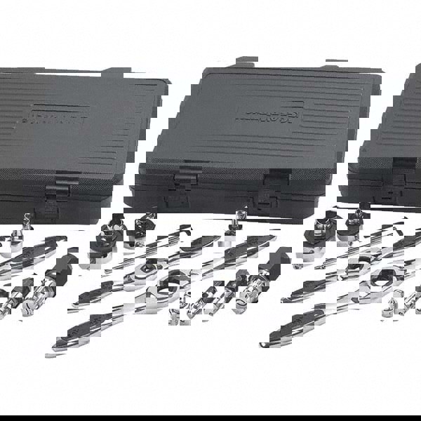 Tap Wrench Sets; Minimum Tap Size: #4 in; M3 mm ; Maximum Tap Size: 3/4 in; M18 mm ; Handle Style: T-Handle ; Ratcheting: Yes ; Overall Length: 16in ; Includes: (2) Ratcheting T-Handles; Blow Mold Case; Die Adapters; Tap Adapters